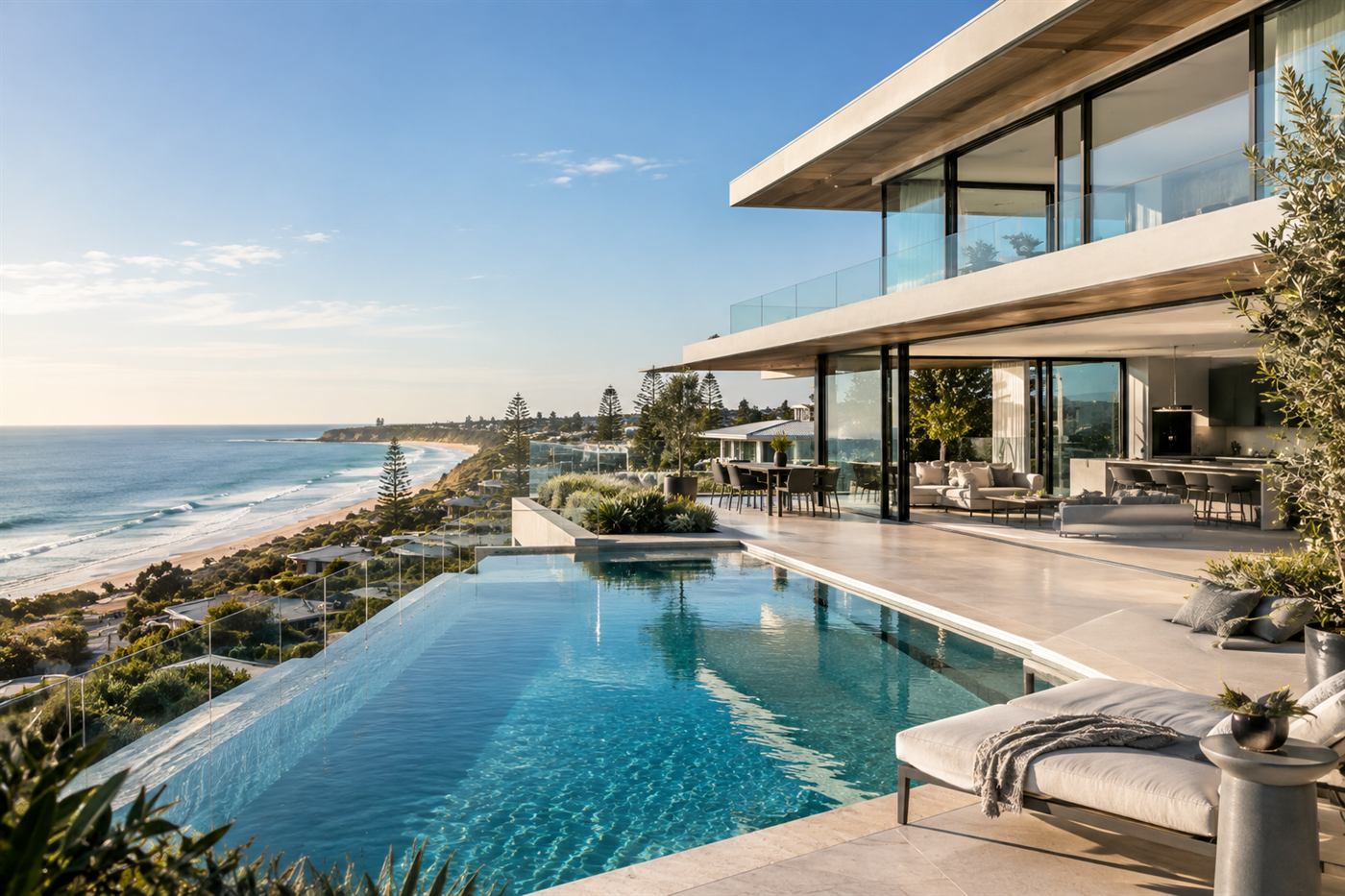 Newly completed luxury home with floor-to-ceiling glass and an infinity pool